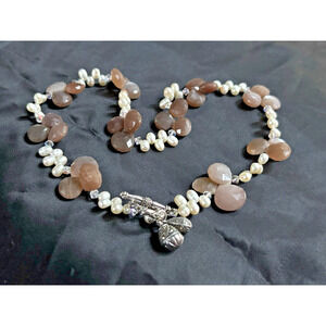 Artisan Faceted Moonstone & Culture River Pearl Beaded Necklace Sterling Clasp